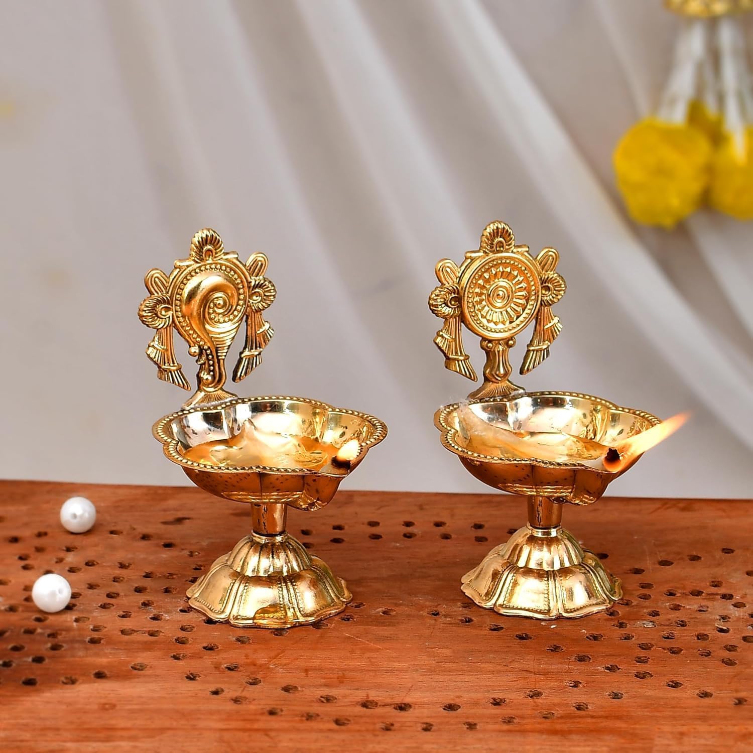 DSS-Pure Brass Shanku Chakra kuber Diya Diwali Decoration Item for Home Decor - Brass shanku Chakra kuber Diya for puja Room & Office Decor, Living Room, Diwali Festival Gift Item