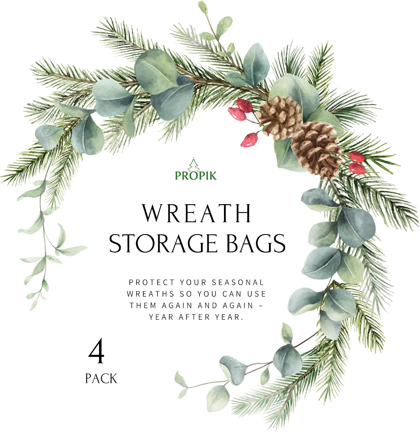 ProPik Christmas Wreath Storage Bag - 4 Pack Clear Christmas Wreaths Storage Container- Garland Holiday Artificial Wreath Storage Holder –Water Proof Transparent PVC (White, 36 Inch)