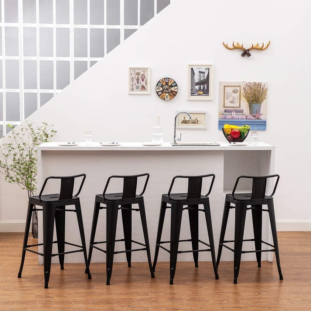 Aklaus 26" Metal Bar Stools with Backs Heavy Duty Bar Stools Counter Bar Height Stools Bar Chair Set of 4,26 Inches Outdoor Tall barStools for Kitchen Counter Matte Black