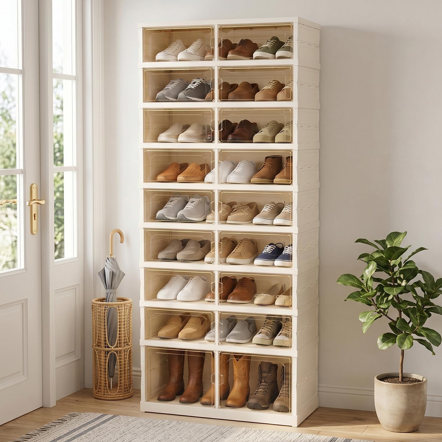 Foldable Shoe Rack with Doors, Stackable Plastic Shoe Organizer, Large Clear Shoe Storage Boxes for Closet and Entryway, Portable Collapsible Shoe Cabinet 9 Tiers, 27Pairs