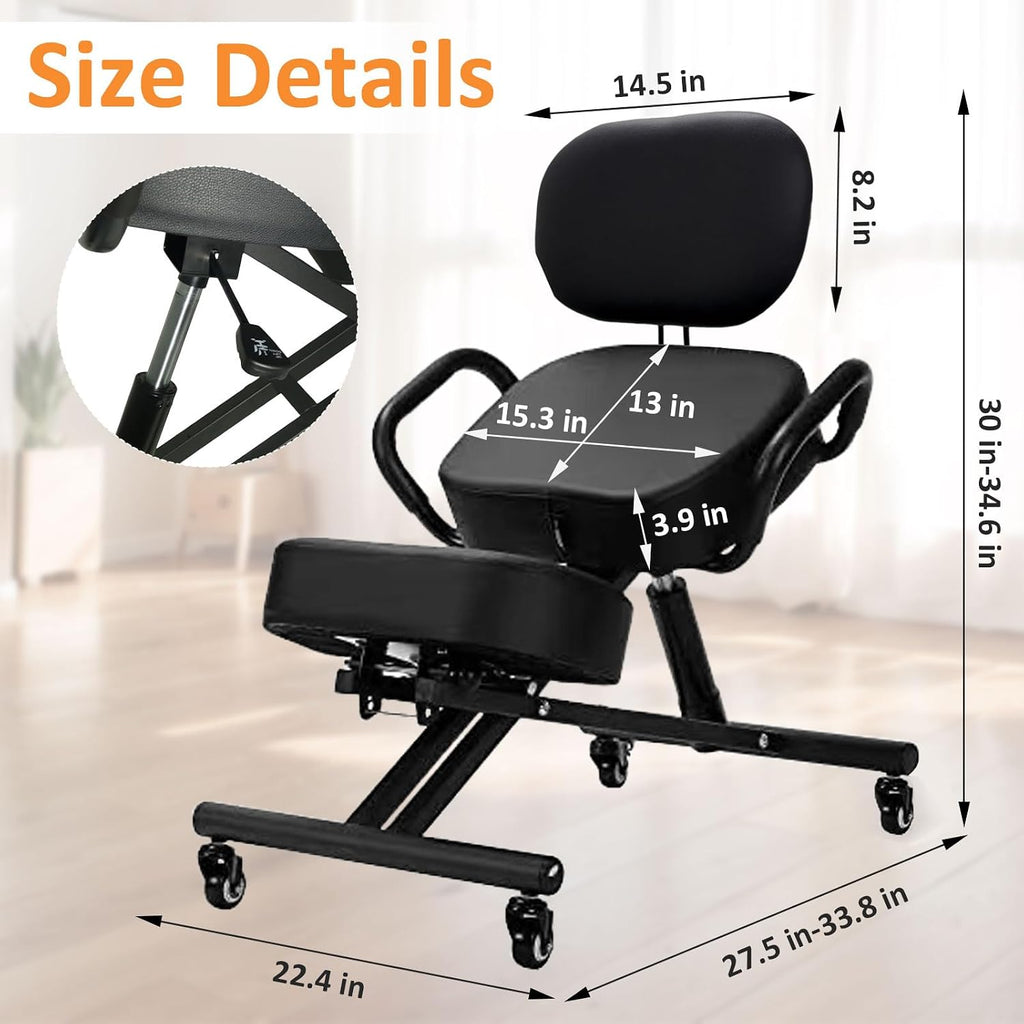 Ergonomic Kneeling Chair with Back Support, Adjustable Height Posture Chair for Home Office, Promotes Healthy Sitting and Better Posture, Prevents Cross-Legged Sitting, Black