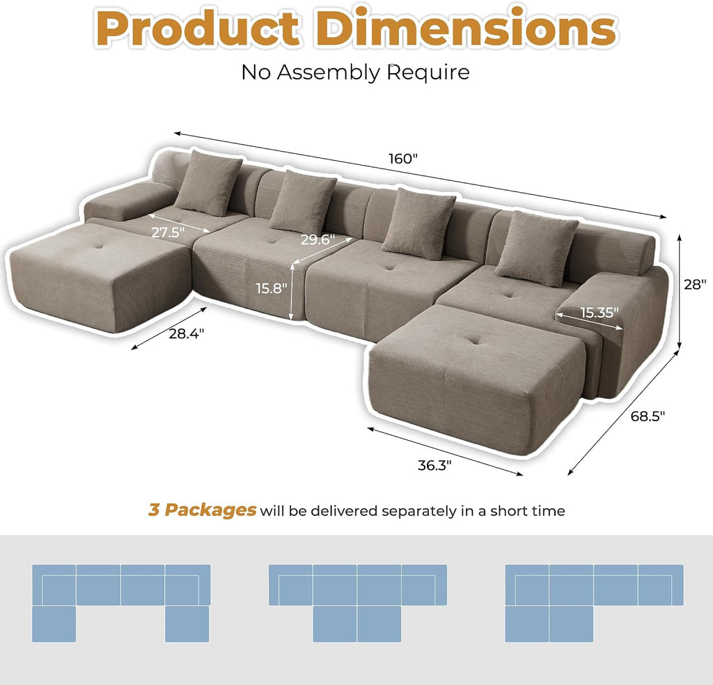 160" U Shaped Boneless Modular Sectional Sofa, Oversized 6-Seater Full Sponge Cloud Couch with Movable Ottoman, Corduroy Upholstery Couches for Living Room, No Assembly, Brown
