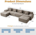 160" U Shaped Boneless Modular Sectional Sofa, Oversized 6-Seater Full Sponge Cloud Couch with Movable Ottoman, Corduroy Upholstery Couches for Living Room, No Assembly, Brown
