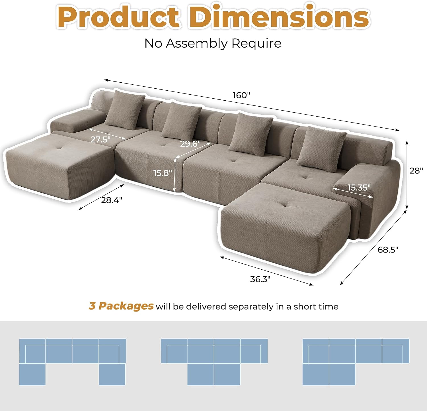 160" U Shaped Boneless Modular Sectional Sofa, Oversized 6-Seater Full Sponge Cloud Couch with Movable Ottoman, Corduroy Upholstery Couches for Living Room, No Assembly, Brown
