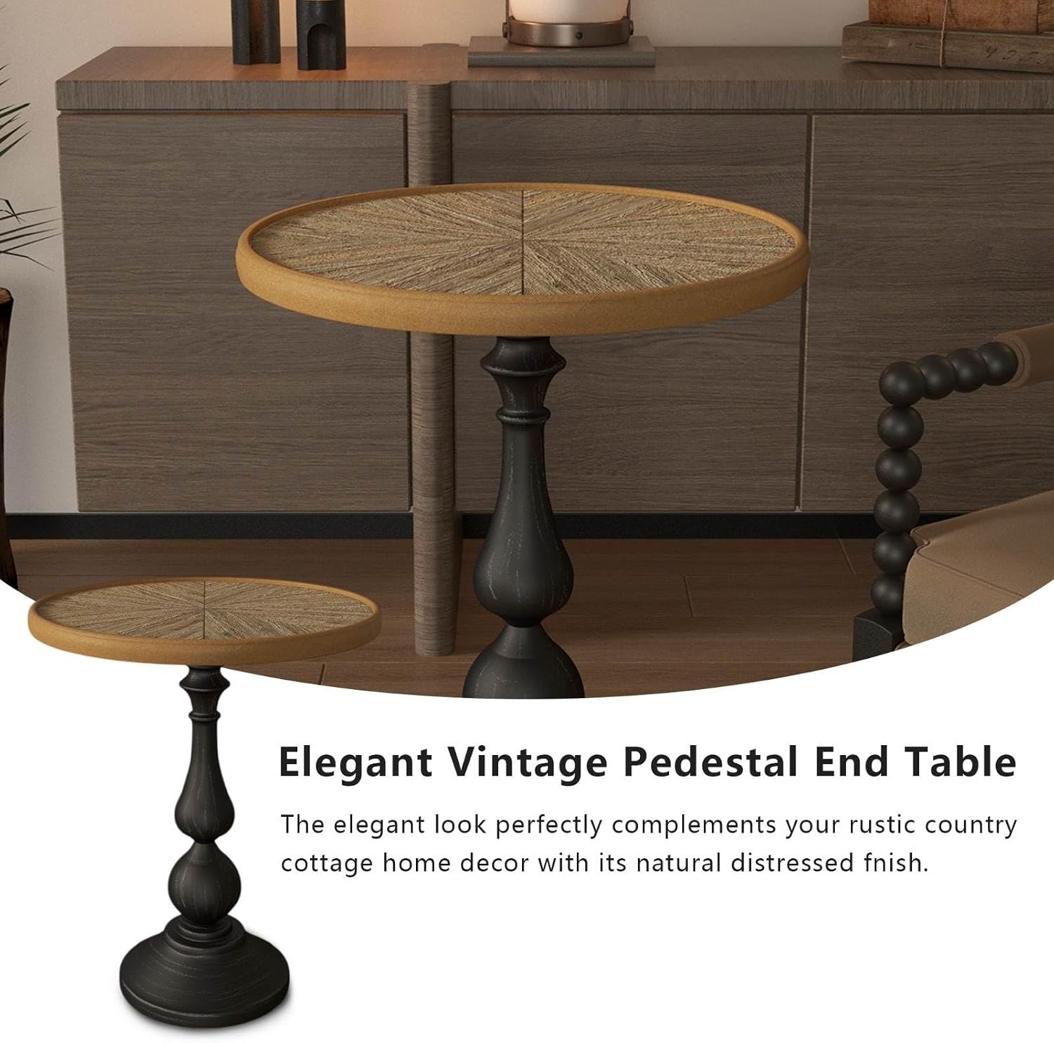 Vintage Round Accent Table with Carved Wood Detailing and Black Pedestal Base, 19.9” Diameter, 23.4” Height - Ideal for Living Room or Entryway Decor