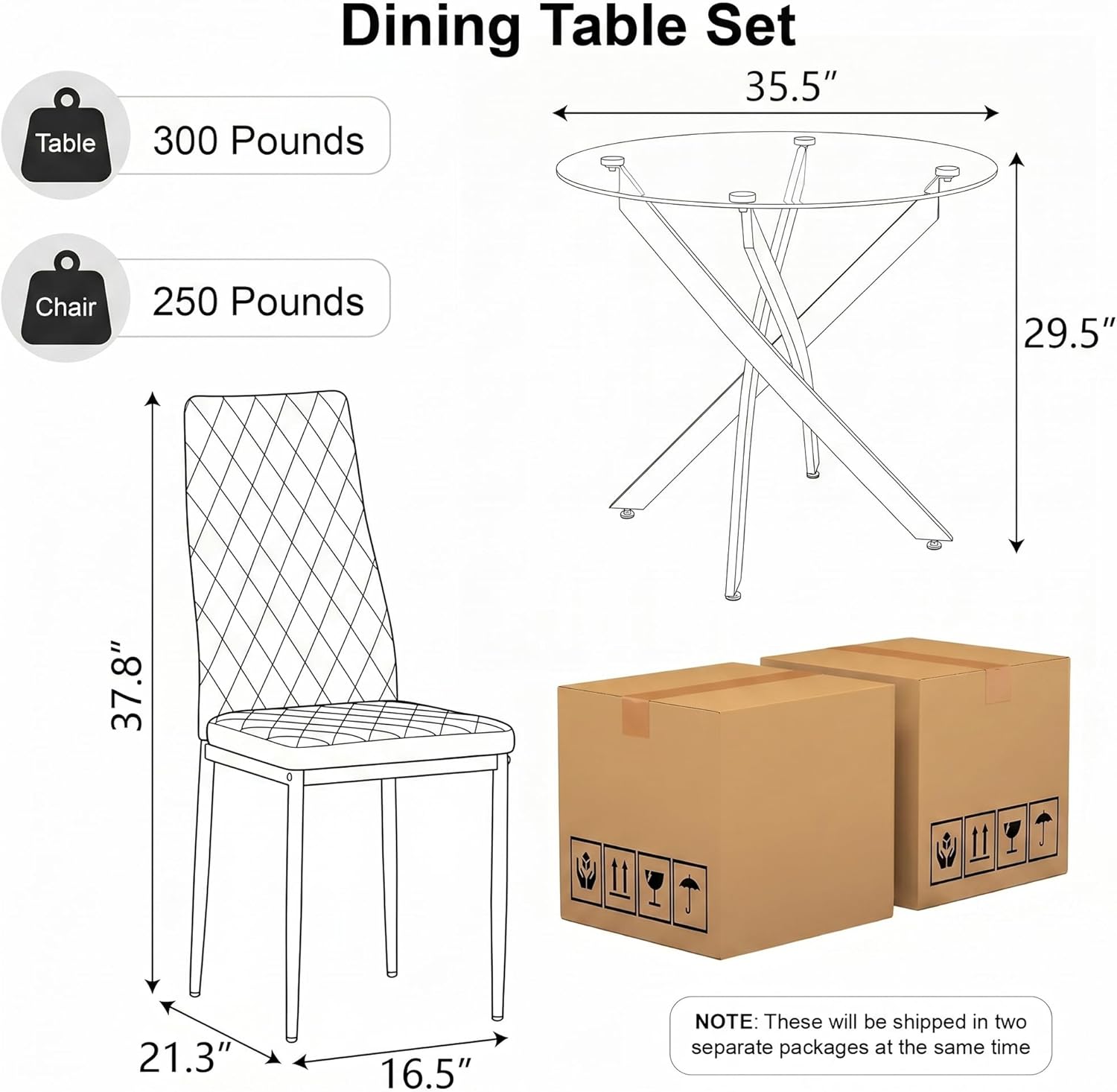 5 Piece Round Glass Dining Table Set for 4, Modern Tempered Glass Top with 4 Upholstered Chairs, Space-Saving Silver & White Set for Small Apartment, Studio,Kitchen or Dining Room