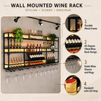 59Inch Metal Wall-Mounted Wine Rack with LED Light - 3 Tier Wine Storage Display Rack with Glass Holder - Space-Saving Bottle Display Shelf for Home Bars, Dining Rooms, Black