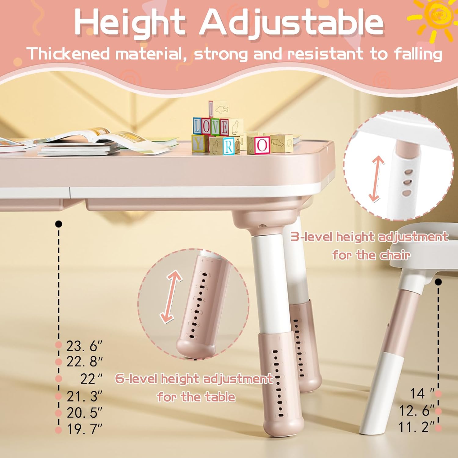 Kids Table and Chair Set with Storage, 5 in 1 Height Adjustable Toddler Table and 2 Chair Set, Toddler Kids Activity Table for Building Blocks/Drawing/Reading/Dining/Sand and Water Play (Pink)