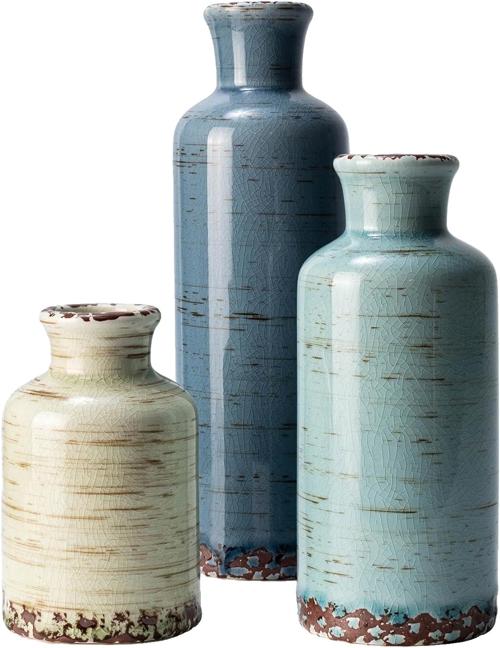 Vintage Ceramic Flower Vase Set of 3, Rustic Farmhouse Vase for Home Decor, Distressed Decorative Vase for Table Entryway Mantel Centerpiece Living Room Bathroom Bedroom (Pale Teal Wood)