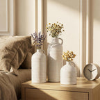 Firehold Ceramic Vase Set of 3, Rustic Farmhouse Boho Vases, Textured Country Home Decor, Small Decorative Vases for Shelves Mantel Table, Gift Set for Dried Pampas Grass & Fresh Flowers (White)