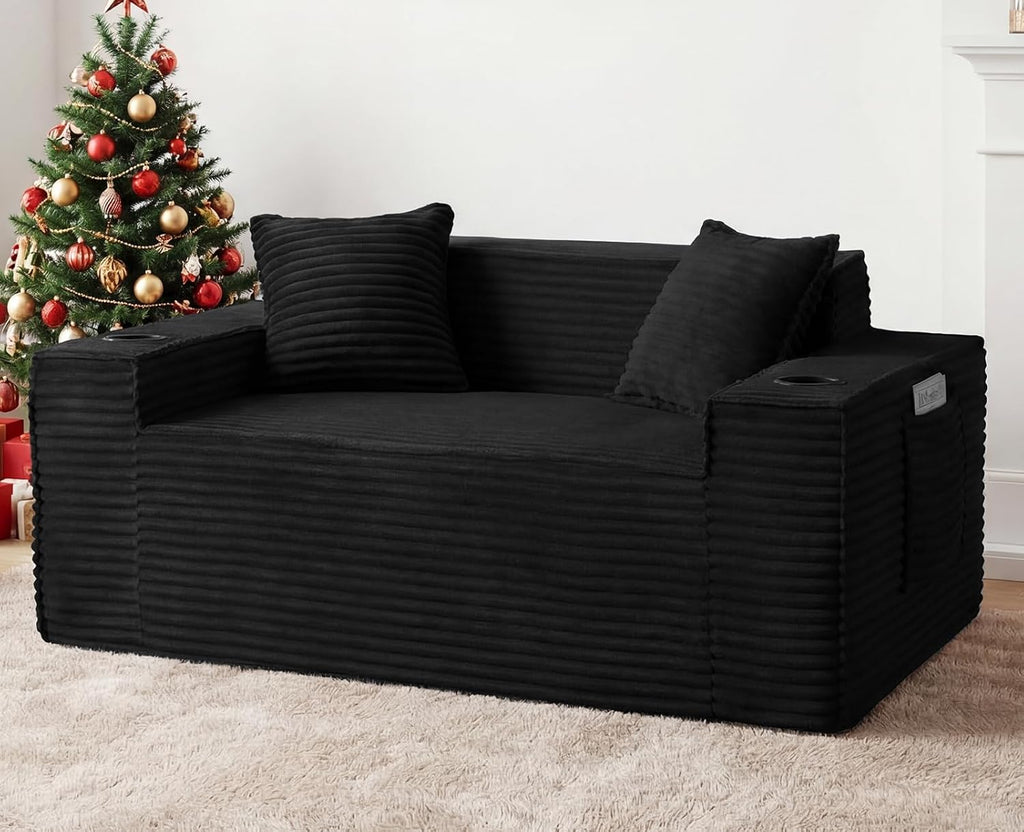 61” Boneless Loveseat Sofa, Comfy Corduroy Boneless Couch with Cup Holders & Storage Pockets, Deep Seat 2-Seater Cloud Couches for Small Space Living Room No Assembly Required, Black