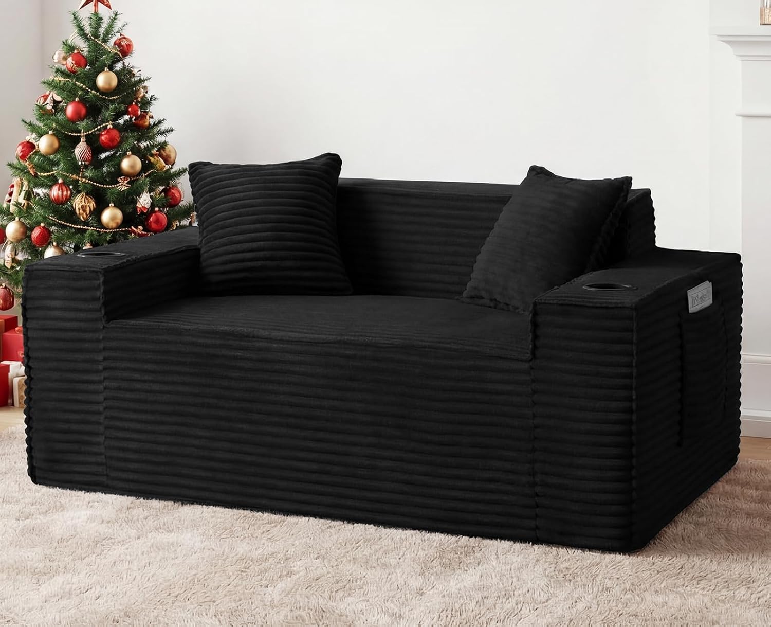 61” Boneless Loveseat Sofa, Comfy Corduroy Boneless Couch with Cup Holders & Storage Pockets, Deep Seat 2-Seater Cloud Couches for Small Space Living Room No Assembly Required, Black