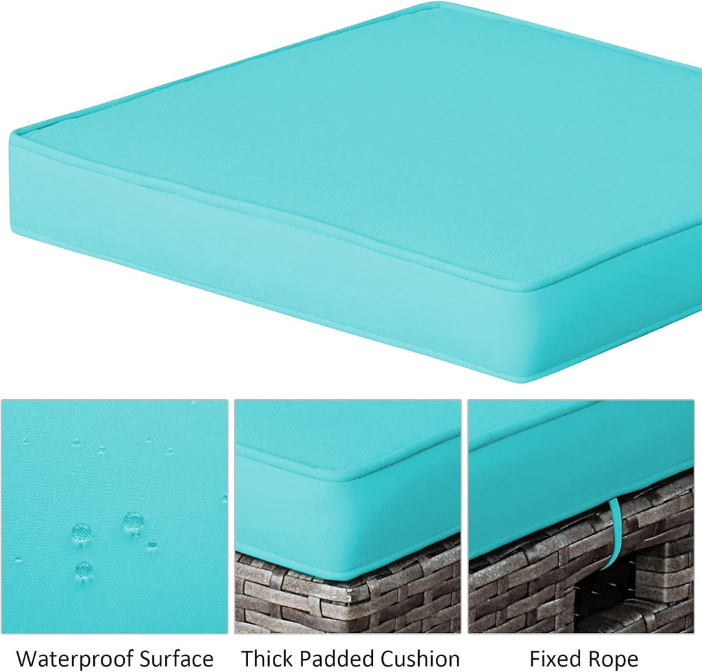 COSTWAY Set of 2 Wicker Ottomans, Outdoor 3-in-1 All Weather Rattan Foot Rest, Side Table, Additional Seating with Removable Seat Cushions and Steel Frame for Patio, Deck, Backyard, Porch (Turquoise)