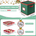OIAHOMY 2 Pack Ornament Storage Box with Handle, Each Ornament Storage Holds 64 Balls, Christmas Decoration Box Include Plastic Trays and Zip-Lock Lid, Made of 600D Oxford Fabric - Green
