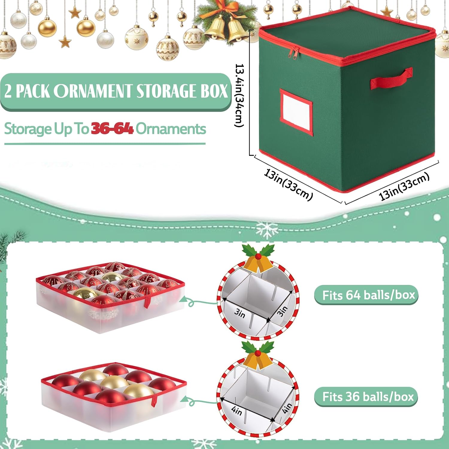 OIAHOMY 2 Pack Ornament Storage Box with Handle, Each Ornament Storage Holds 64 Balls, Christmas Decoration Box Include Plastic Trays and Zip-Lock Lid, Made of 600D Oxford Fabric - Green