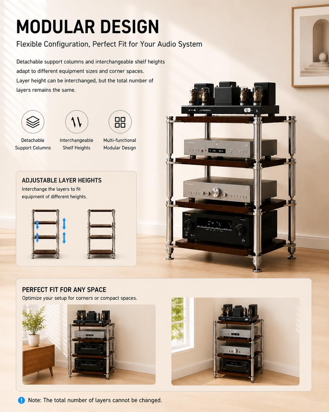 Heavy Duty AV Stand, Open Design’s Audio Racks with Shock-Absorbing Foot pegs, Strong Load-Bearing Capacity Audio Component Rack, for Offices and Recording Studios (Black Walnut, 3-Tier)