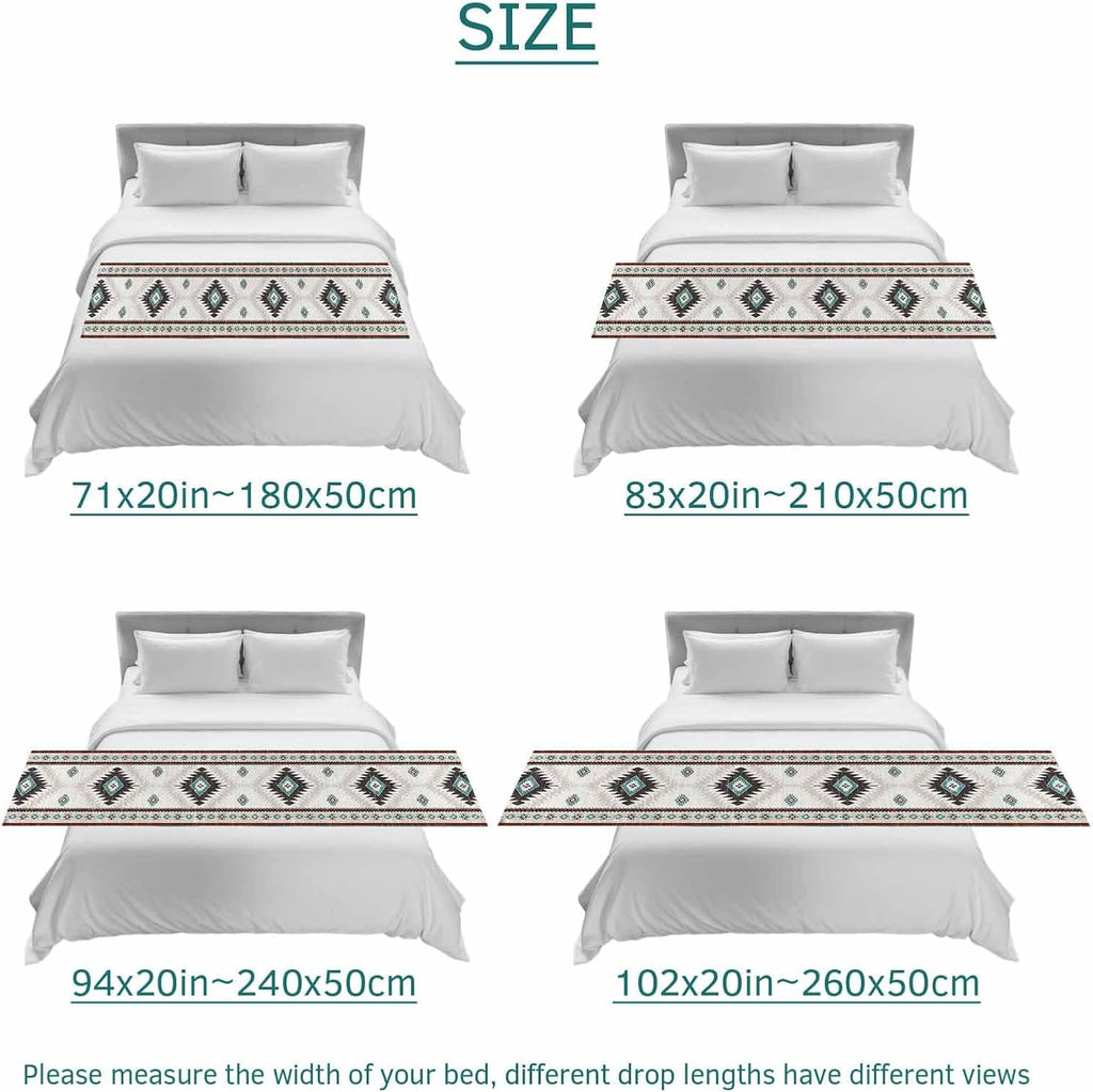 Turquoise Beige Boho Bed Runner King Size, Vintage Ethnic Tribal Southwestern Bed Scarf Protector Slipcover for Bedroom Wedding Room Hotel, Bedding Runner Throws for Foot of Beds 94"x20"