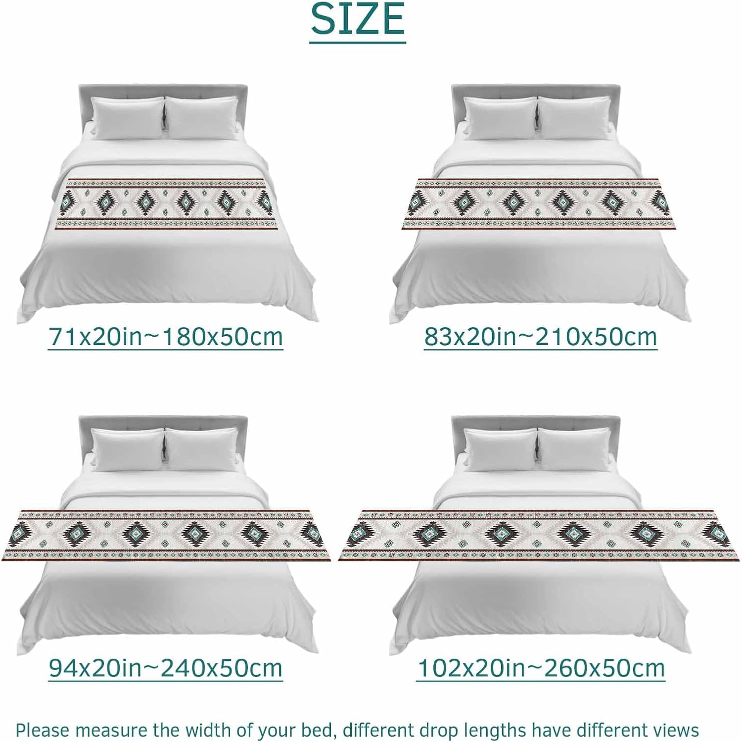 Turquoise Beige Boho Bed Runner King Size, Vintage Ethnic Tribal Southwestern Bed Scarf Protector Slipcover for Bedroom Wedding Room Hotel, Bedding Runner Throws for Foot of Beds 94"x20"
