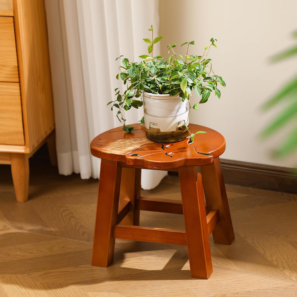 Beeveer Fox Hand-Carved Wood Foot Stool 11 Inch Decorative Animal Foot Stool Fox Wood Decorative for Planter Kitchen