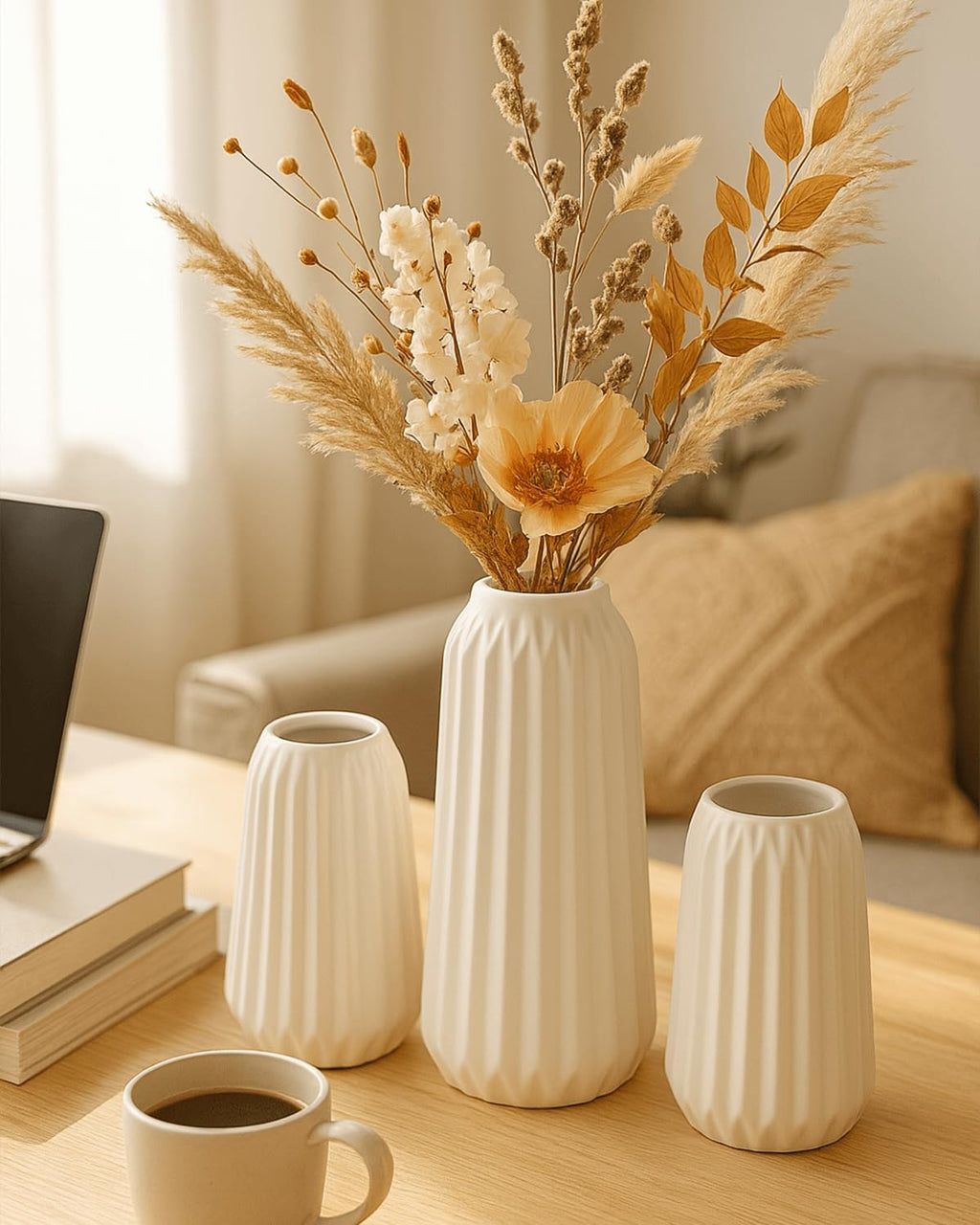 White Ceramic Vases Set of 3 – Modern Ribbed Vase Centerpieces for Pampas Grass, Eucalyptus, Dried or Fresh Flowers, Minimalist Home Decor for Living Room, Bookshelf, Table & Office