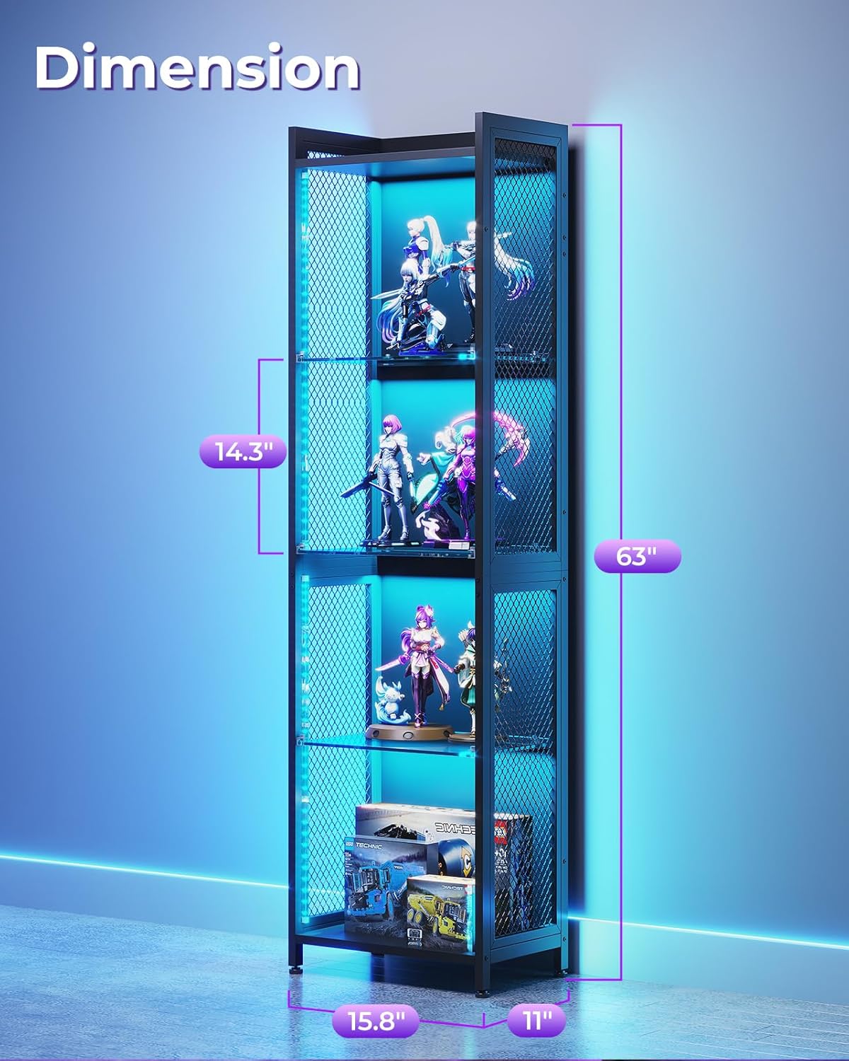 AODK Display Cabinet with LED Lights, 4-Tiers Display Case with Glass Storage Shelves, Black Curio Cabinet