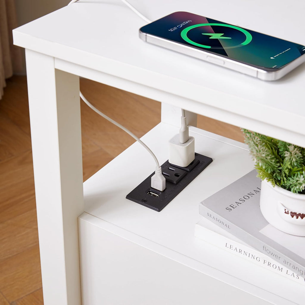 End Table with Charging Station, Narrow Nightstand with 2 Drawers and Open Shelf, Bedside Table with USB Ports and Outlets, Modern Wood Side Table for Bedroom Living Room Office (White)