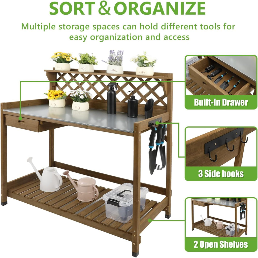 PetsCosset Garden Potting Benches & Tables,Outdoor Wooden Work Station W/Metal Table Top,Drawer,Large Bottom Shelf,Open Shelf Natural Wood-Natural Stained