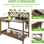 PetsCosset Garden Potting Benches & Tables,Outdoor Wooden Work Station W/Metal Table Top,Drawer,Large Bottom Shelf,Open Shelf Natural Wood-Natural Stained