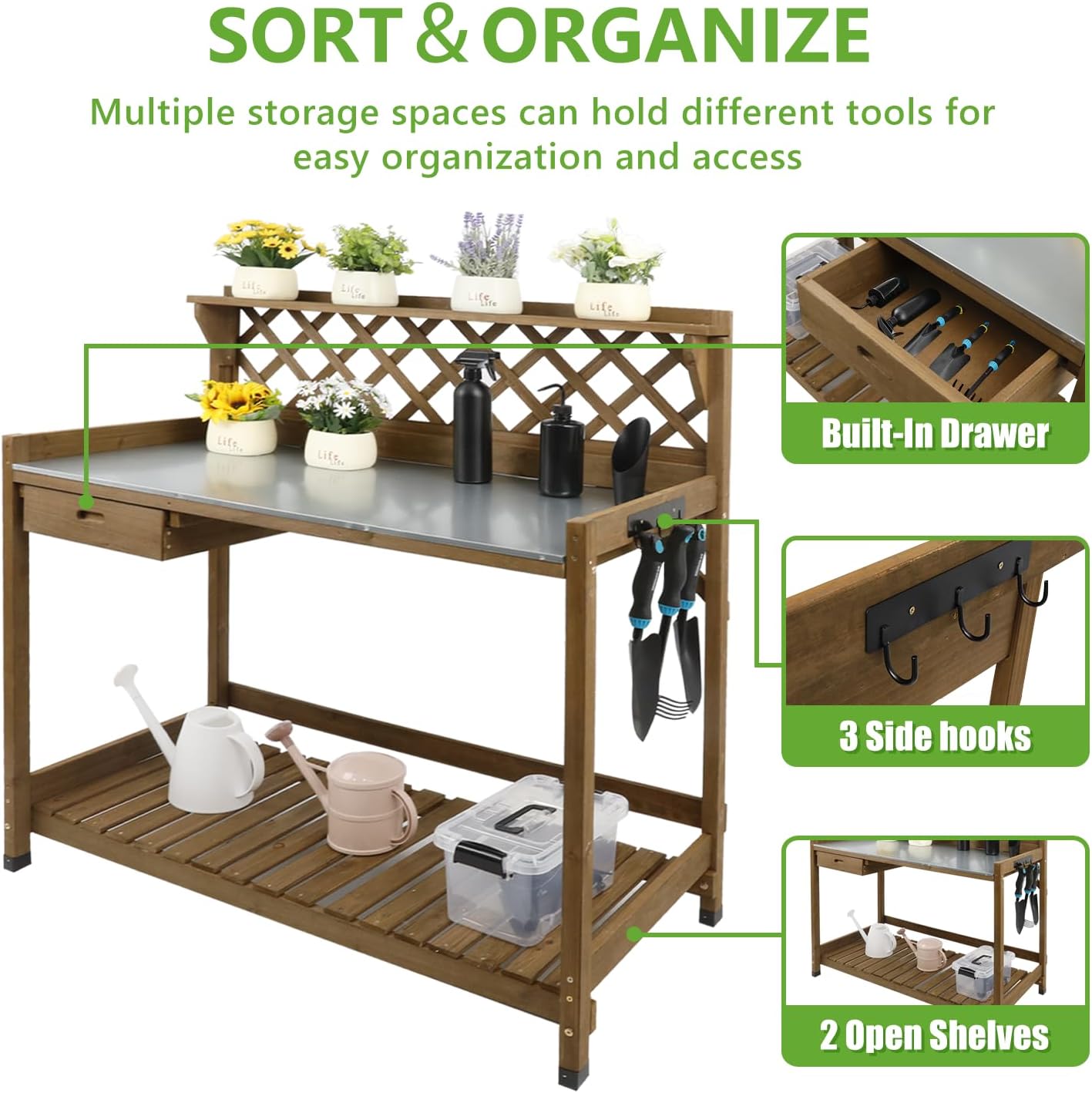 PetsCosset Garden Potting Benches & Tables,Outdoor Wooden Work Station W/Metal Table Top,Drawer,Large Bottom Shelf,Open Shelf Natural Wood-Natural Stained