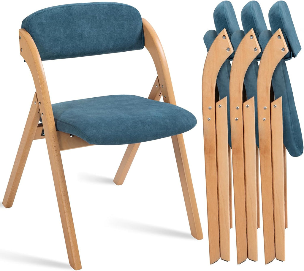 HOMEFUN Folding Chairs with Cushion Padded Foldable Chiars 4 Pack - Wooden Dining Seat with Removable Cover Extra for Guests Kitchen Office Wedding Party Picnic, Smog Blue
