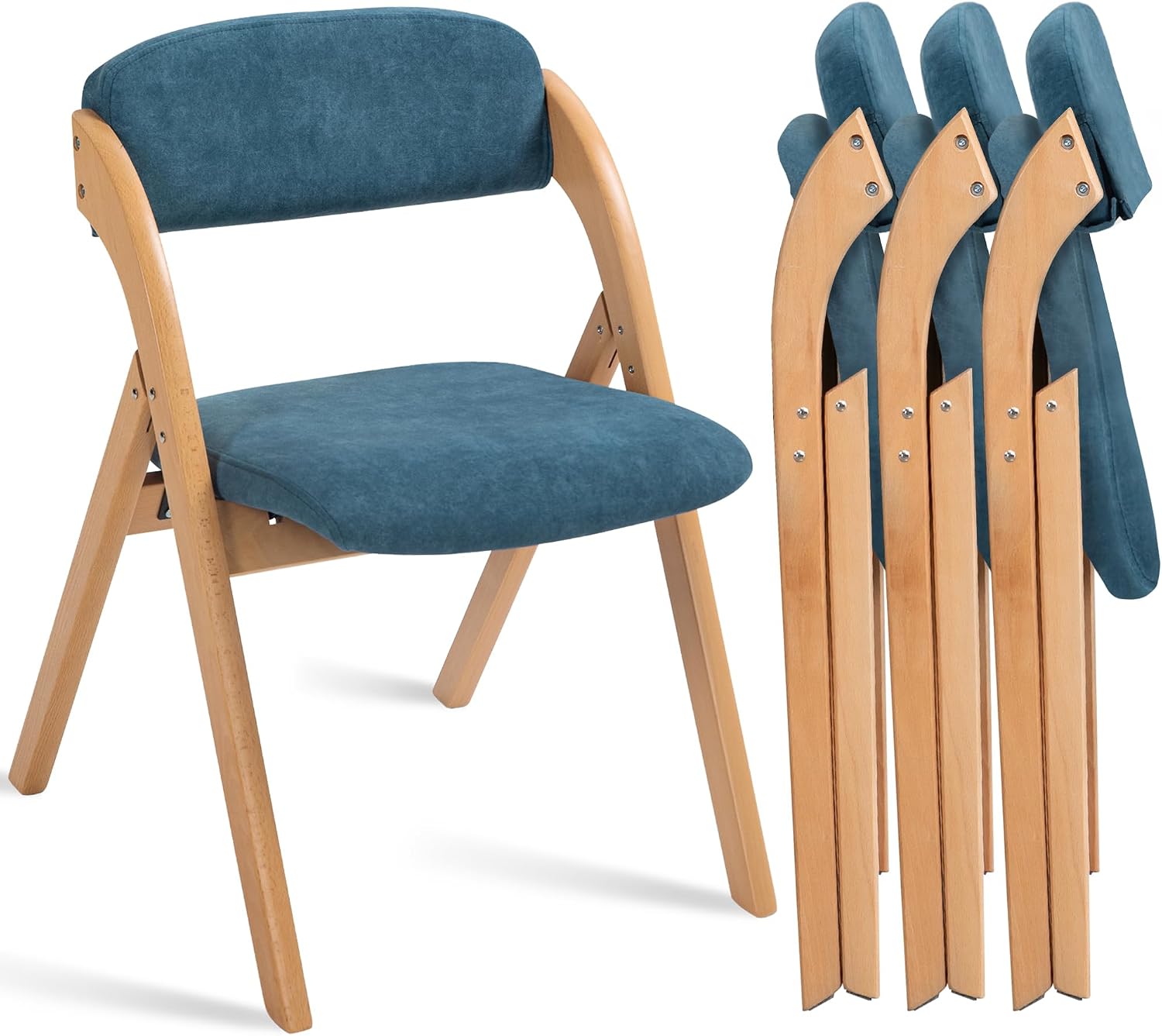 HOMEFUN Folding Chairs with Cushion Padded Foldable Chiars 4 Pack - Wooden Dining Seat with Removable Cover Extra for Guests Kitchen Office Wedding Party Picnic, Smog Blue