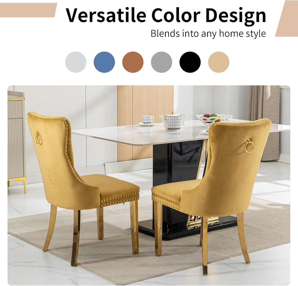 Luxury Upholstered Dining Chairs Set of 6, Yellow Kitchen Chair with Golden Metal Legs, Velvet Tufted Back Dining Chair, Sillas de Comedor, Modern Kitchen & Dining Room Chairs (Gold, 6 Pcs)