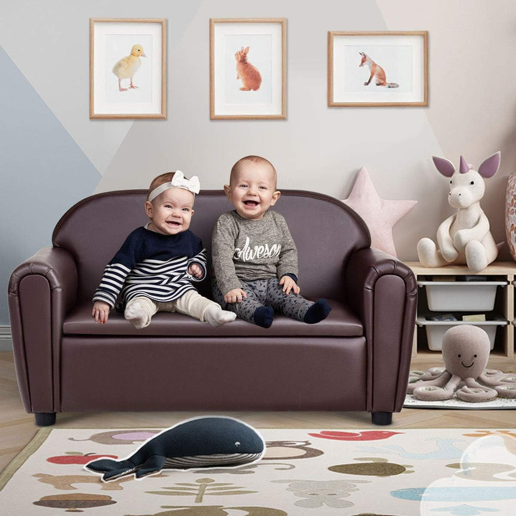 MAT EXPERT Kids Couch, 2 in 1 Double Seat Kids Sofa with PU Leather Surface, Under Seat Storage, Armrest Chair Lounge for Preschool Toddlers Boys Girls Gifts