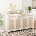 HOKYHOKY Rattan Sideboard Buffet Cabinet, Boho Storage Cabinet with Adjustable Shelves, Farmhouse Credenza Coffee Bar Cabinets with 4 Doors & 3 Drawers for Living Room, Hallway & Kitchen