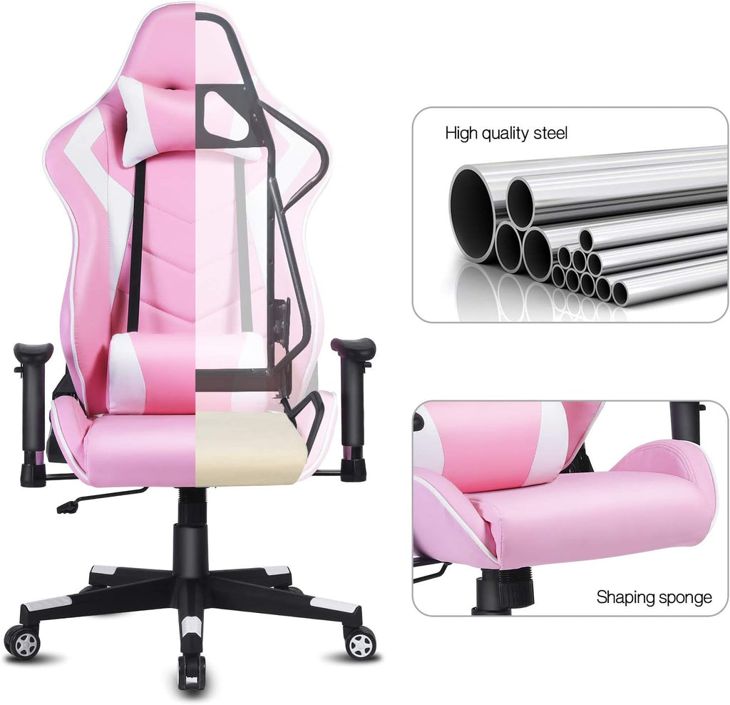 High-Back Swivel Gaming Chair Recliner Racing Style Ergonomic Office Desk Reclining Chair with Headrest and Lumbar Support, Pink White
