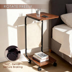 Dreamzie C Shaped End Table with Wheels, Small Side Table for Couch with Storage Bag, Couch Tables That Slide Under, TV Tray for Living Room, Bedroom, Home Office - Brown