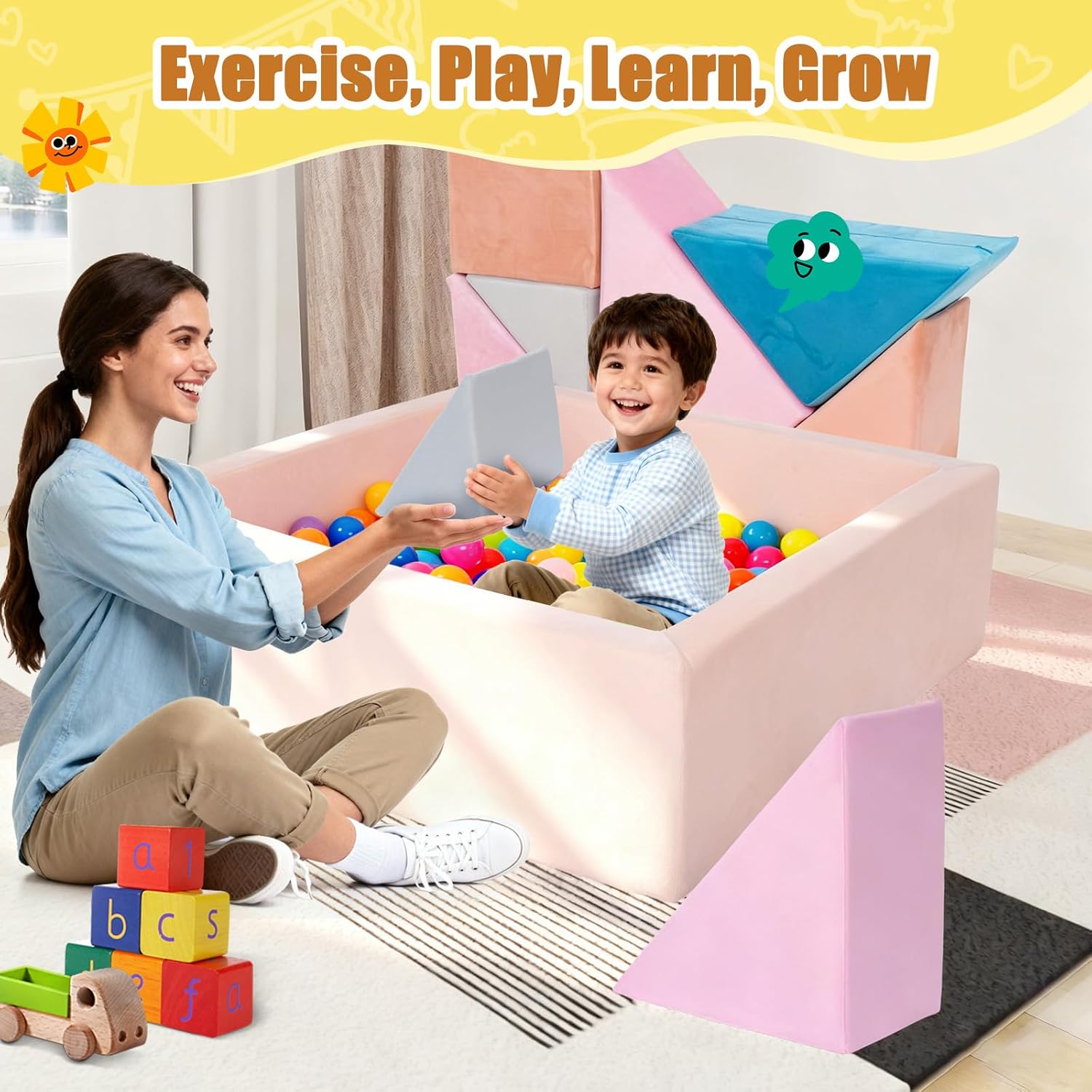 Tangram Puzzles Modular Kids Play Couch Building Fort, Children Explorer Sofa with Ball Pit, Kids playroom Convertible Furniture for Inspiring Child Creativity, Made Entirely of Sponge (Pink Series)