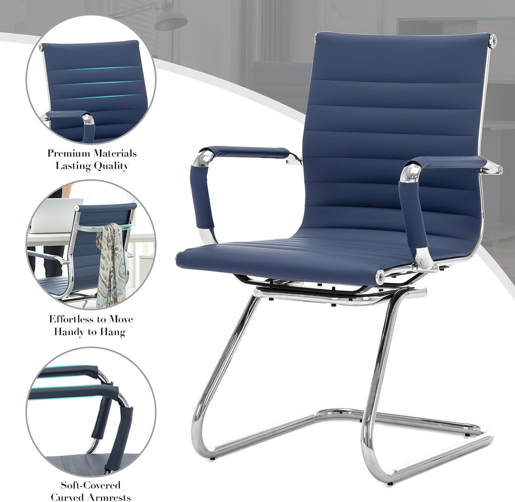 CIMOTA Waiting Room Chairs Leather Office Guest Chair Mid Back Reception Chairs with Sled Base for Meeting/Patient/Conference Room, Navy Set of 2