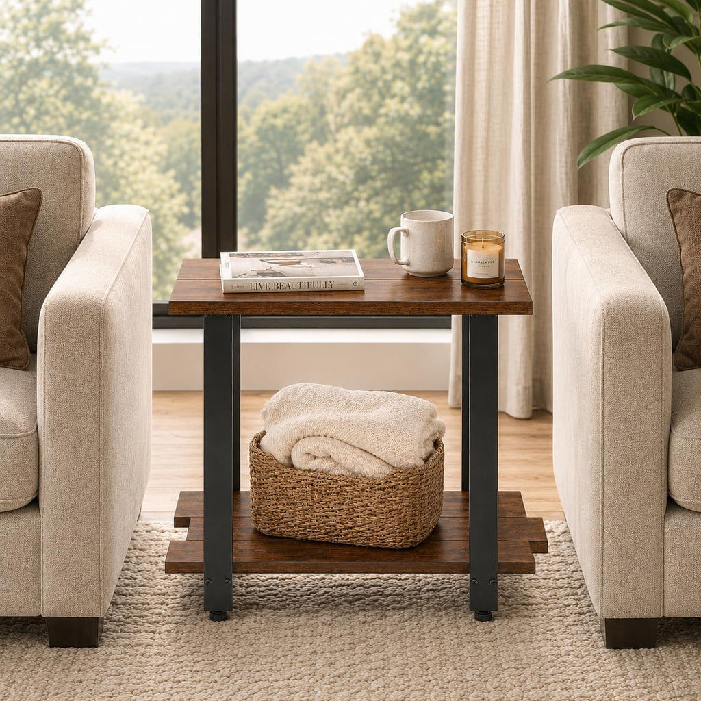 Transitional Narrow End Table, 2-Tier Rustic Side Table with Storage Shelves, Modern Farmhouse Industrial Nightstand for Living Room, Bedroom, Small Spaces, Couch, Rustic Brown