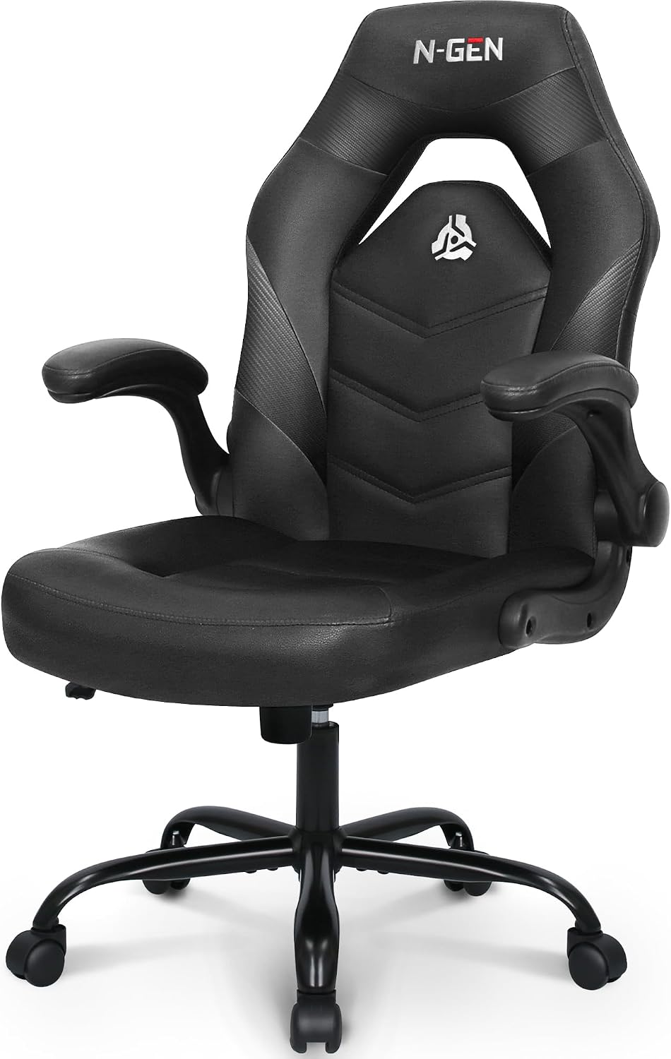 N-GEN GAMING Video Gaming Chair Ergonomic Office Desk Chair with Lumbar Support Adjustable Height Padded Flip Up Arms and Swivel Wheels Racing Style Design for Adults with PU Leather (Black)