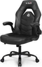 N-GEN GAMING Video Gaming Chair Ergonomic Office Desk Chair with Lumbar Support Adjustable Height Padded Flip Up Arms and Swivel Wheels Racing Style Design for Adults with PU Leather (Black)