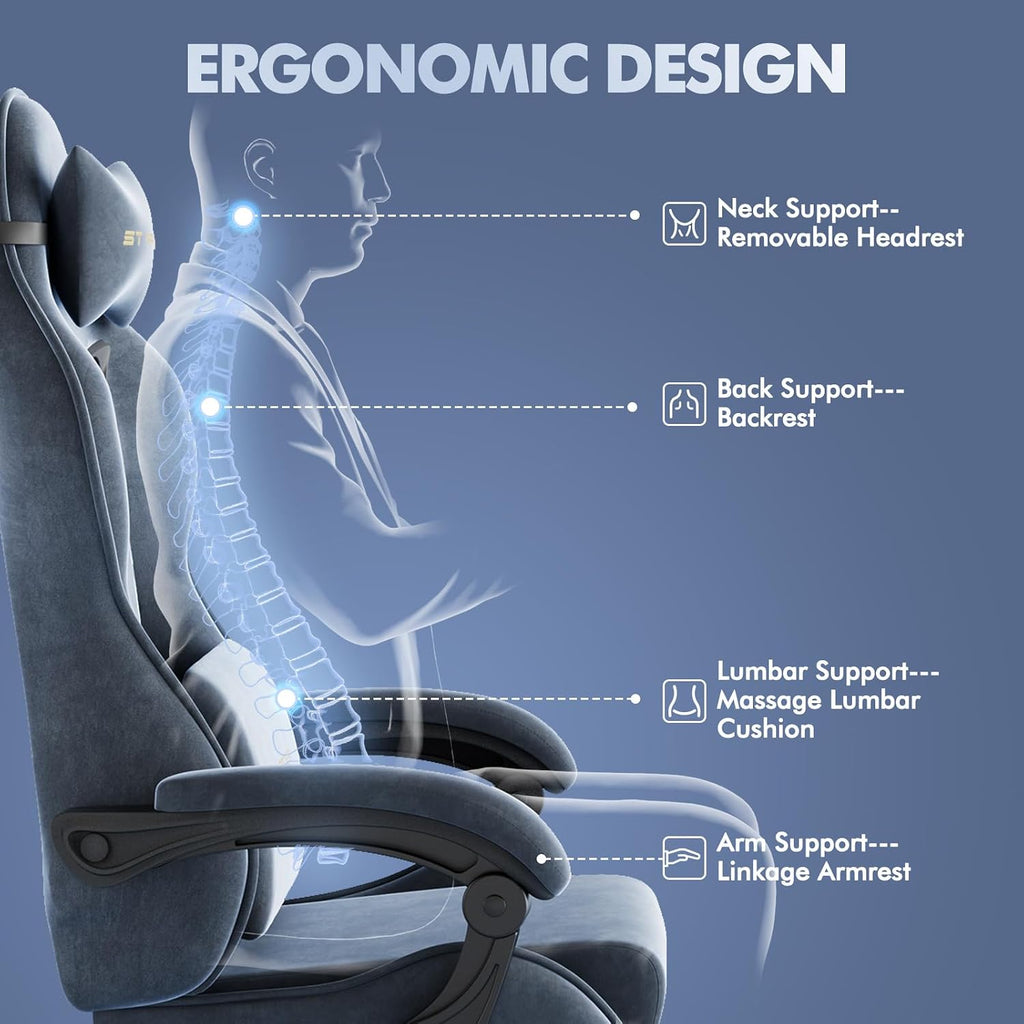 Soontrans Velvet Fabric Ergonomic Gaming Chair with Footrest, Reclining Office Computer Desk Game Chairs with Massage Lumbar Cushion,Headrest,Comfortable Video Gamer Chair for Adult