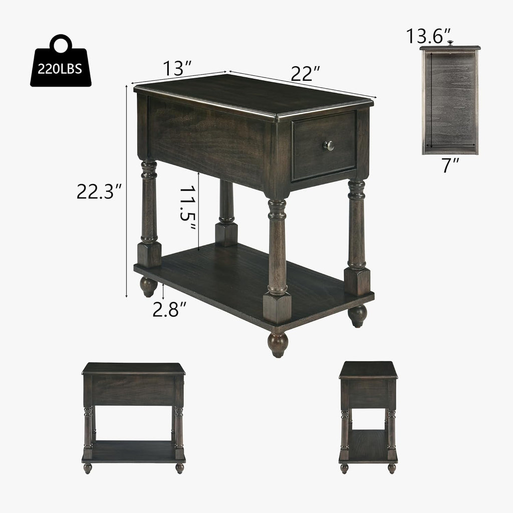 Narrow End Side Table with Drawer and Storage Shelf Set of 2, Solid Wood Sofa Tables, Slim Beside Table for Small Spaces, Living Room, 22"L x 13"W x 22.3"H No-tools Assembly Vintage Black BBJ004BK