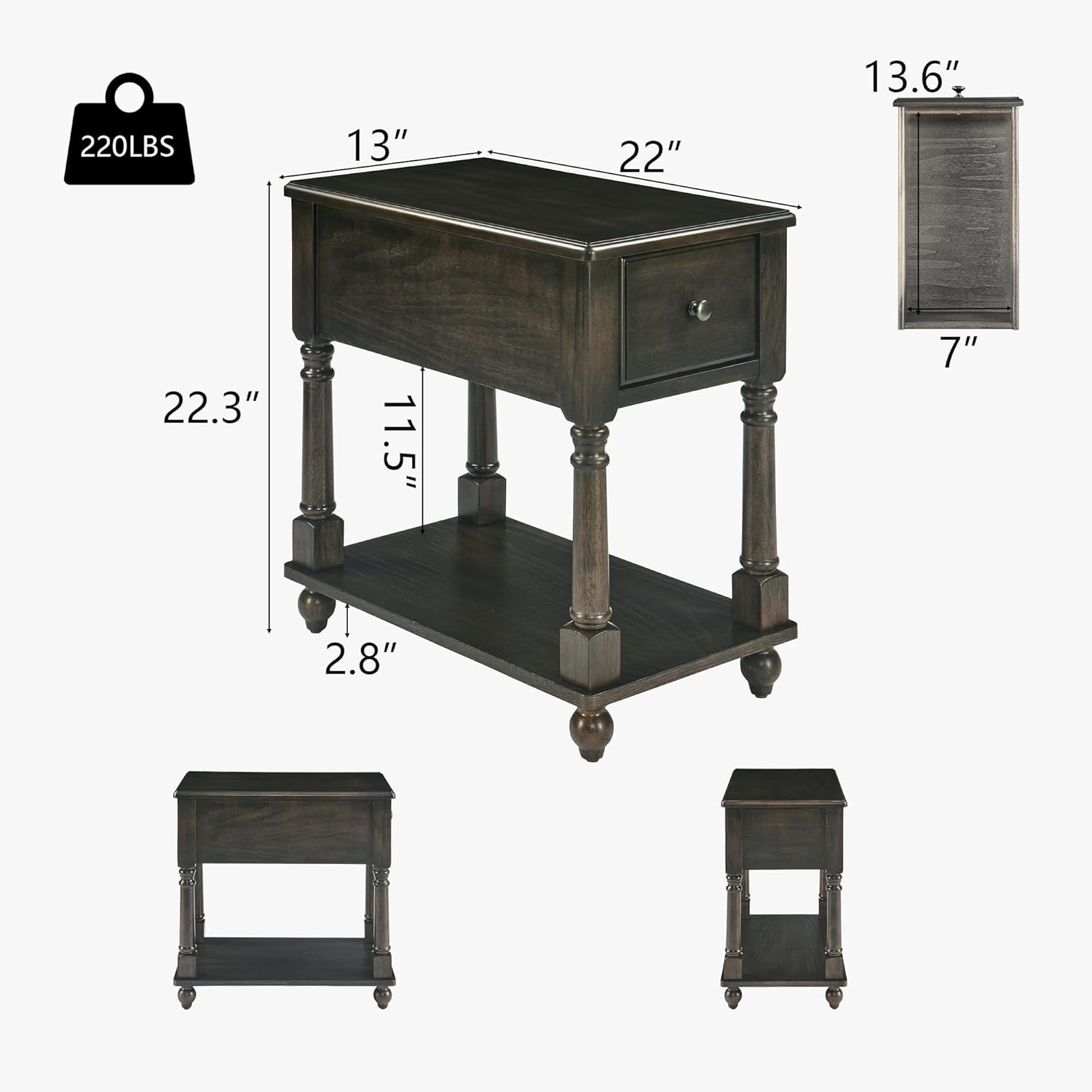 Narrow End Side Table with Drawer and Storage Shelf Set of 2, Solid Wood Sofa Tables, Slim Beside Table for Small Spaces, Living Room, 22"L x 13"W x 22.3"H No-tools Assembly Vintage Black BBJ004BK