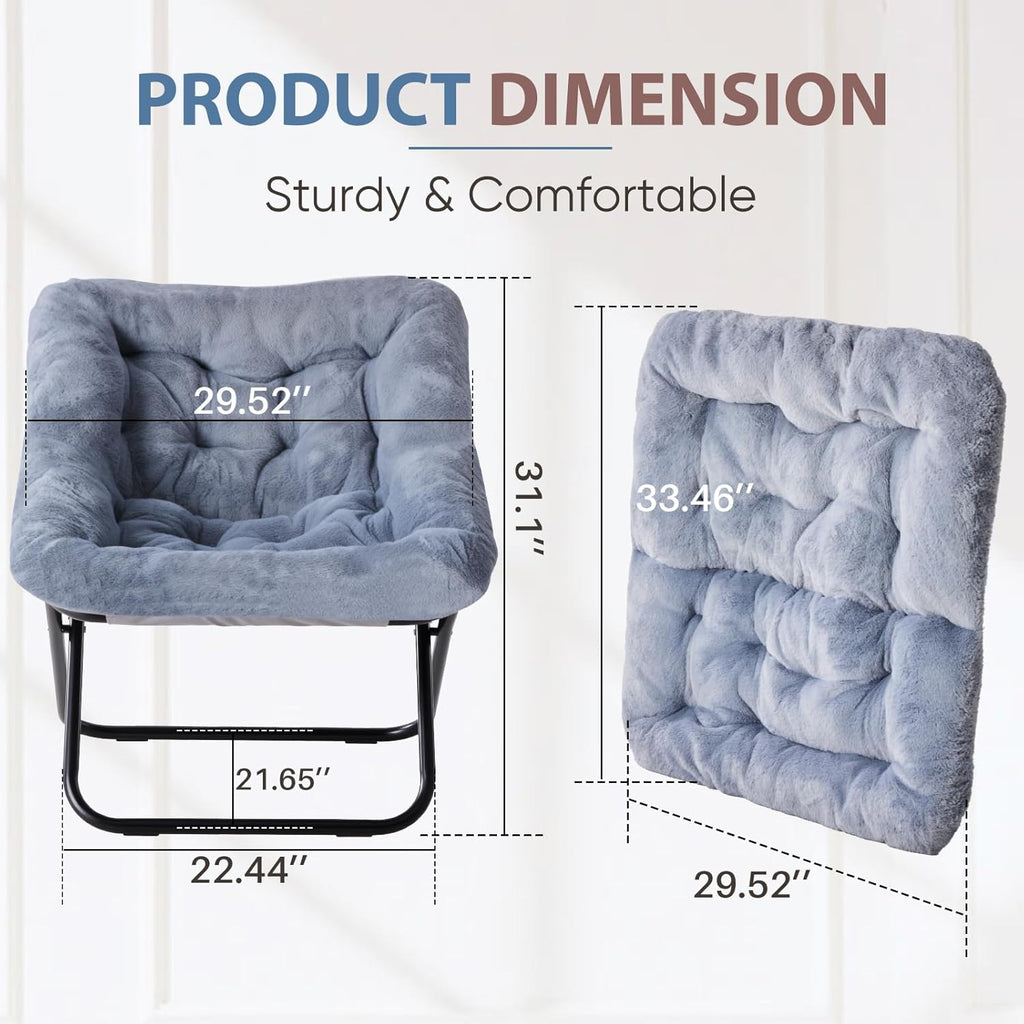 DUMOS Comfy Chair for Adults, Soft Faux Fur Folding Lounge for Bedroom Living Room Dorm Rooms Flexible Reading Chair for Teens, Large Size Foldable, Square-Gray
