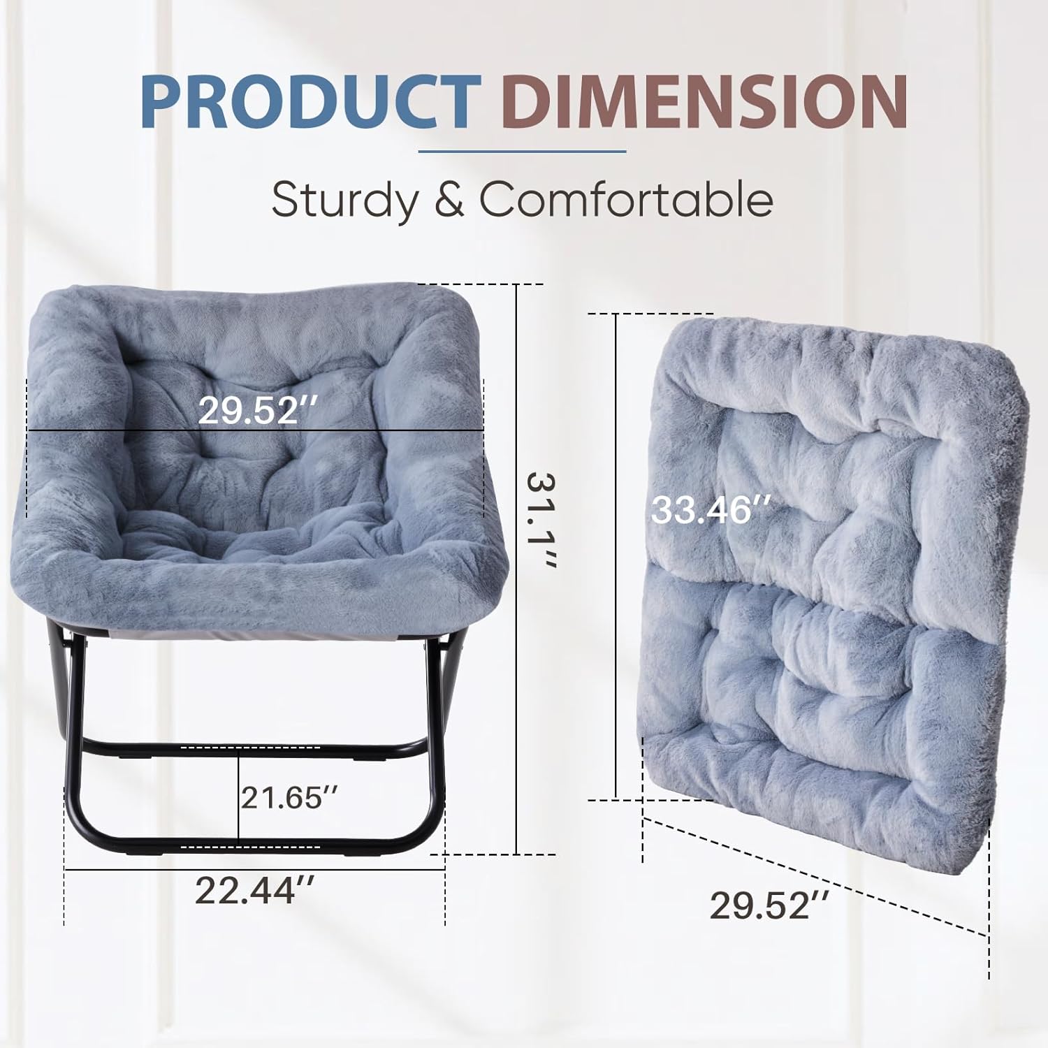DUMOS Comfy Chair for Adults, Soft Faux Fur Folding Lounge for Bedroom Living Room Dorm Rooms Flexible Reading Chair for Teens, Large Size Foldable, Square-Gray