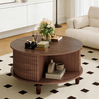 Small Round Coffee Table with Storage, 31.5" Mid Century Modern Coffee Tables with 180° Sliding Cabinet Door, Fluted Circle Drum Center Table for Living Room Small Space, Walnut