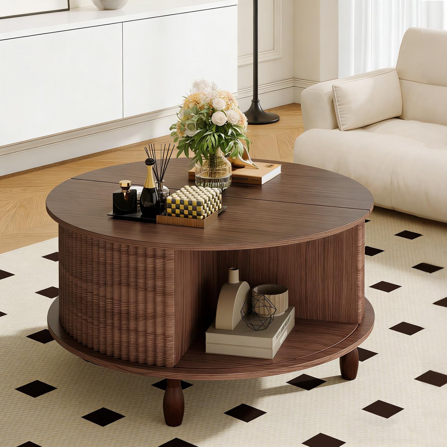 Small Round Coffee Table with Storage, 31.5" Mid Century Modern Coffee Tables with 180° Sliding Cabinet Door, Fluted Circle Drum Center Table for Living Room Small Space, Walnut