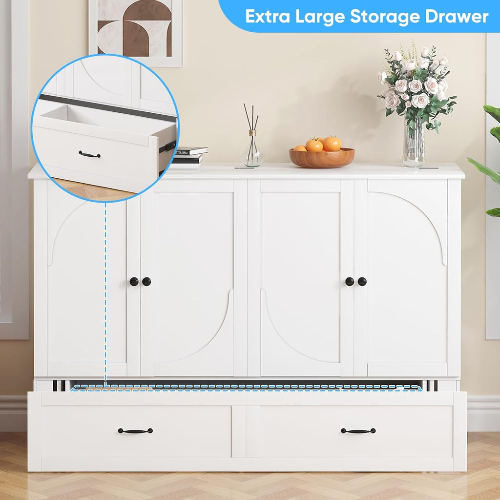 Mjkone Queen Size Murphy Bed Cabinet with Mattress Included, USB Charging Station, Storage Drawer, Panel, 63.39" Width Chest Cabinet Murphy Beds for Guest Room Small Spaces Saving Home Offices, White