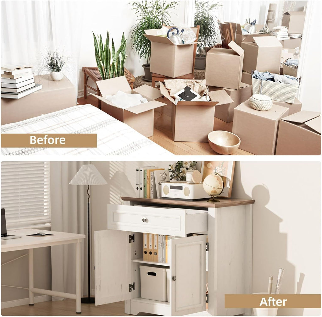 Buffet Cabinet with Storage and Drawer，Sideboard Coffee Bar with Adjustable Shelves and Doors, White Accent Cabinet Credenza Console Organizer Modern Coffee Bar for Kitchen Dining Room Living Room